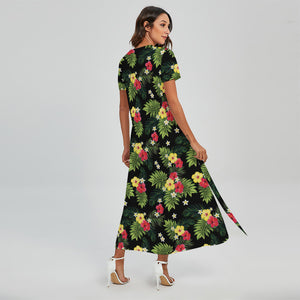 Tropical Hibiscus Aloha Pattern Print Short Sleeve Maxi Dress