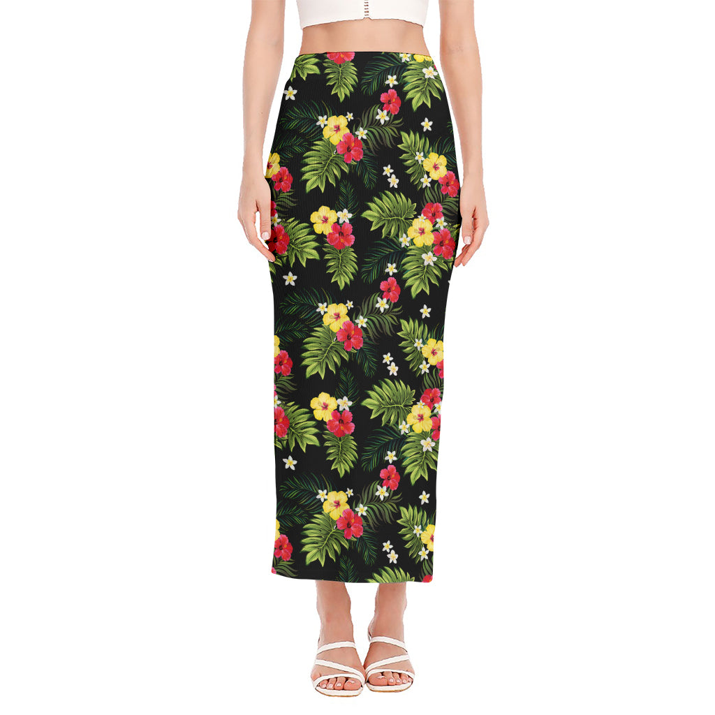 Tropical Hibiscus Aloha Pattern Print Side Slit Maxi Skirt