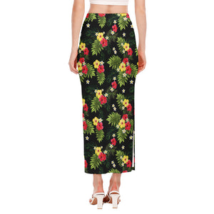 Tropical Hibiscus Aloha Pattern Print Side Slit Maxi Skirt