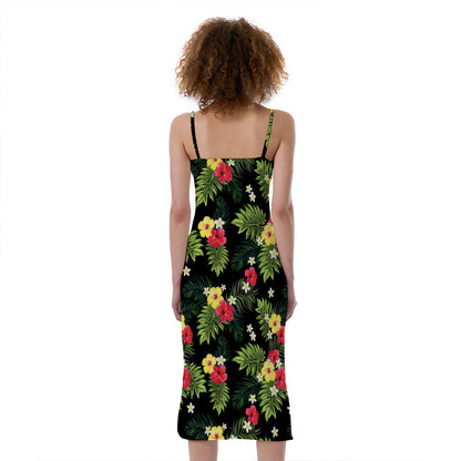 Tropical Hibiscus Aloha Pattern Print Slim Fit Midi Cami Dress