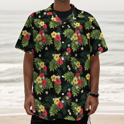 Tropical Hibiscus Aloha Pattern Print Textured Short Sleeve Shirt