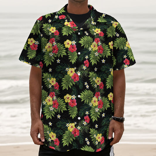 Tropical Hibiscus Aloha Pattern Print Textured Short Sleeve Shirt