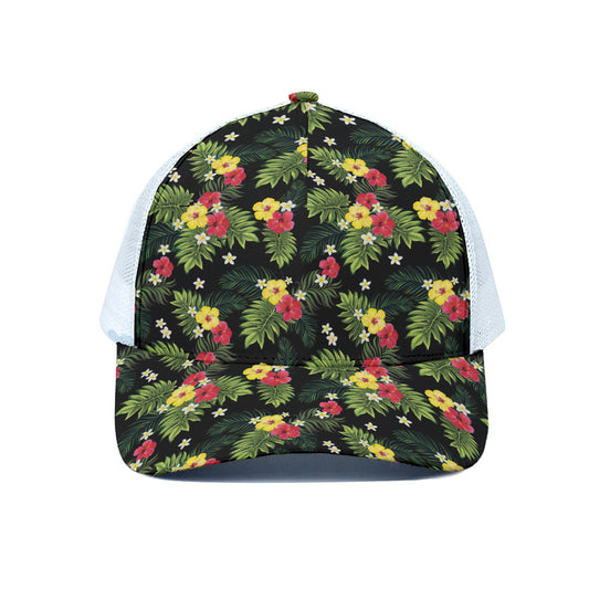 Tropical Hibiscus Aloha Pattern Print White Mesh Trucker Cap