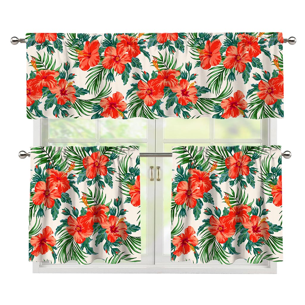 Tropical Hibiscus Blossom Pattern Print 3 Piece Kitchen Curtains