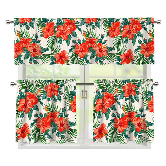 Tropical Hibiscus Blossom Pattern Print 3 Piece Kitchen Curtains