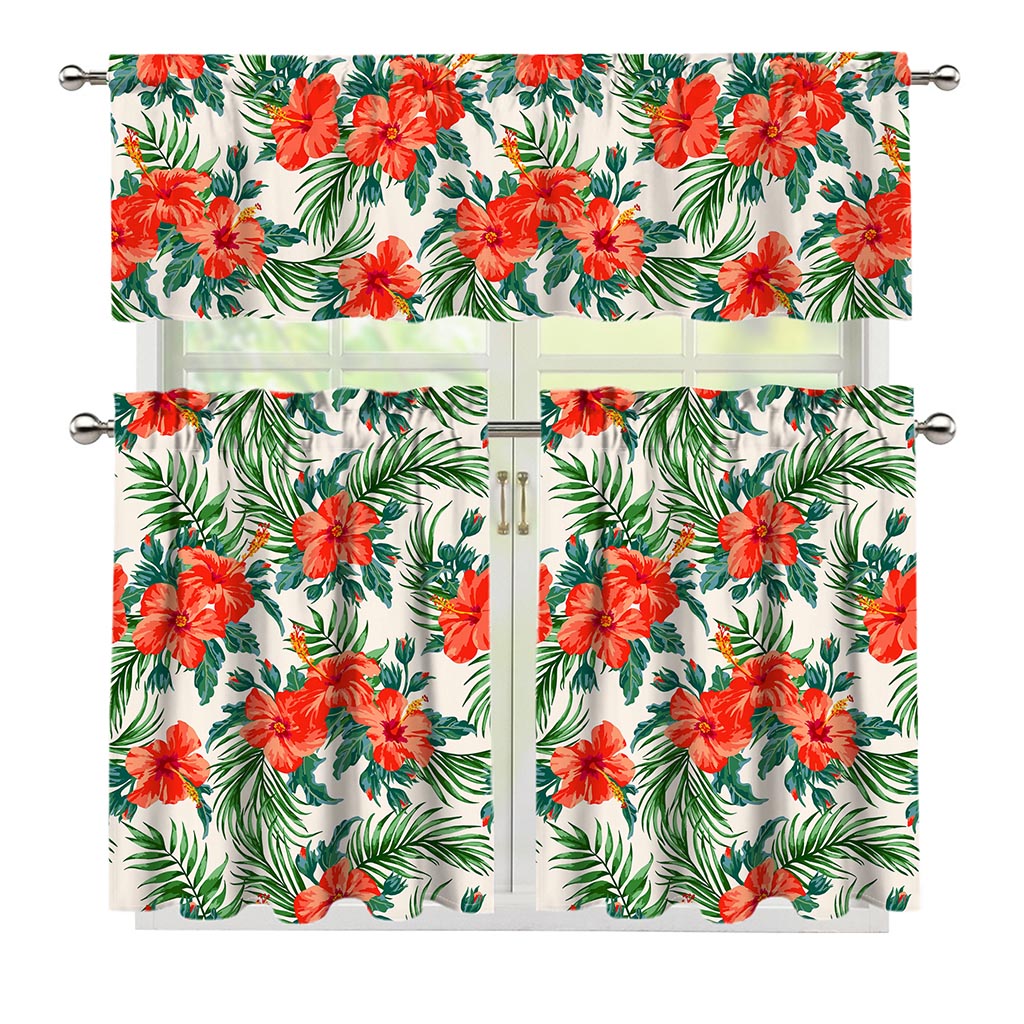 Tropical Hibiscus Blossom Pattern Print 3 Piece Kitchen Curtains