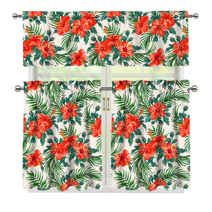 Tropical Hibiscus Blossom Pattern Print 3 Piece Kitchen Curtains