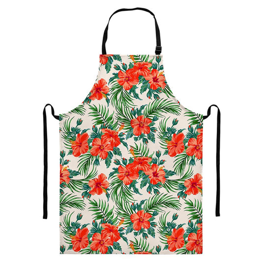 Tropical Hibiscus Blossom Pattern Print Bib Apron With Pocket