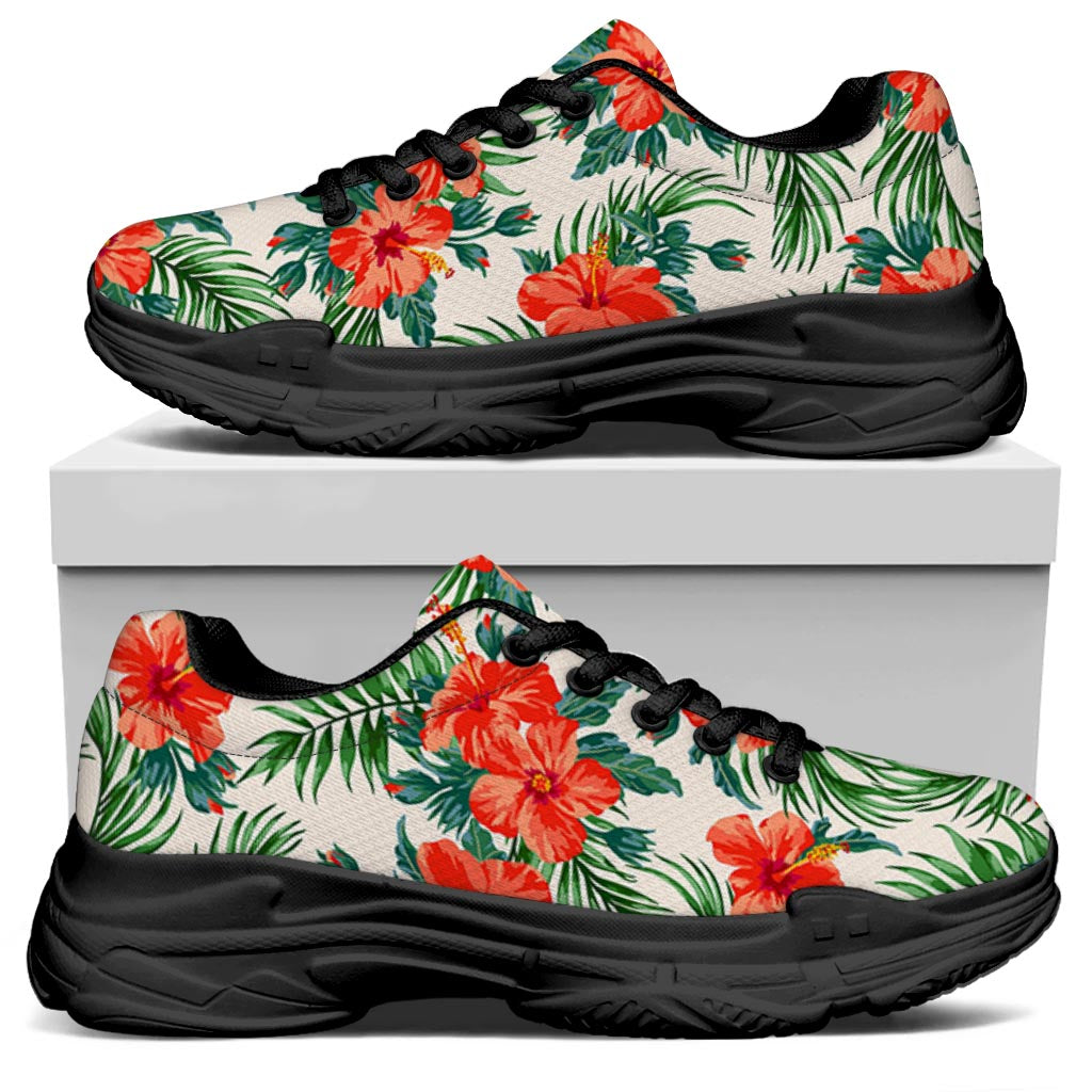 Tropical Hibiscus Blossom Pattern Print Black Chunky Shoes