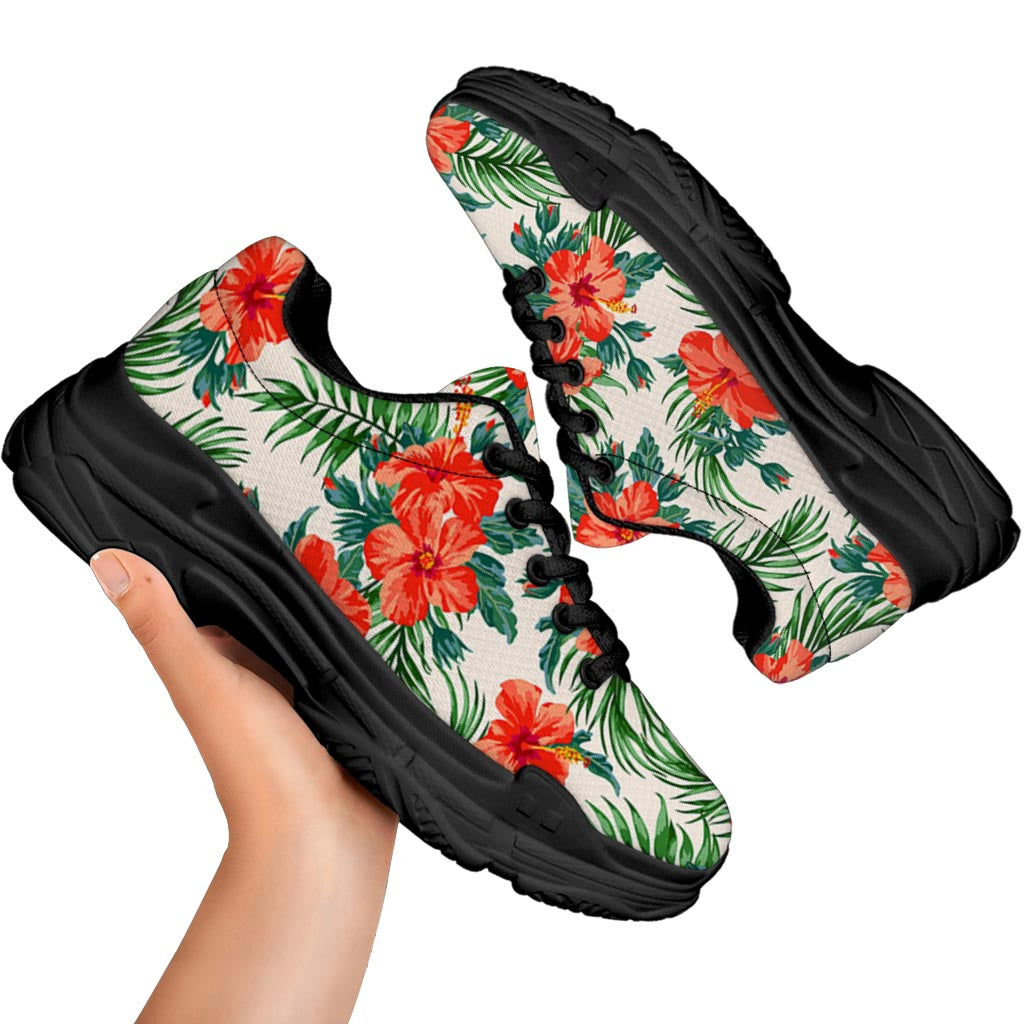 Tropical Hibiscus Blossom Pattern Print Black Chunky Shoes
