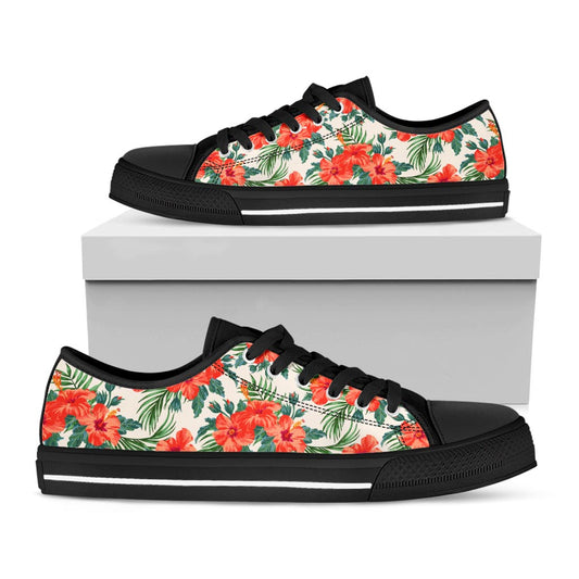 Tropical Hibiscus Blossom Pattern Print Black Low Top Sneakers