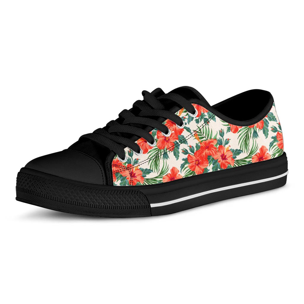 Tropical Hibiscus Blossom Pattern Print Black Low Top Sneakers