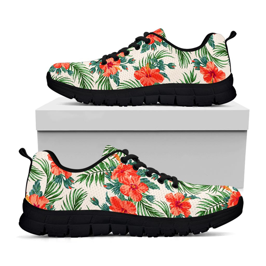 Tropical Hibiscus Blossom Pattern Print Black Running Shoes