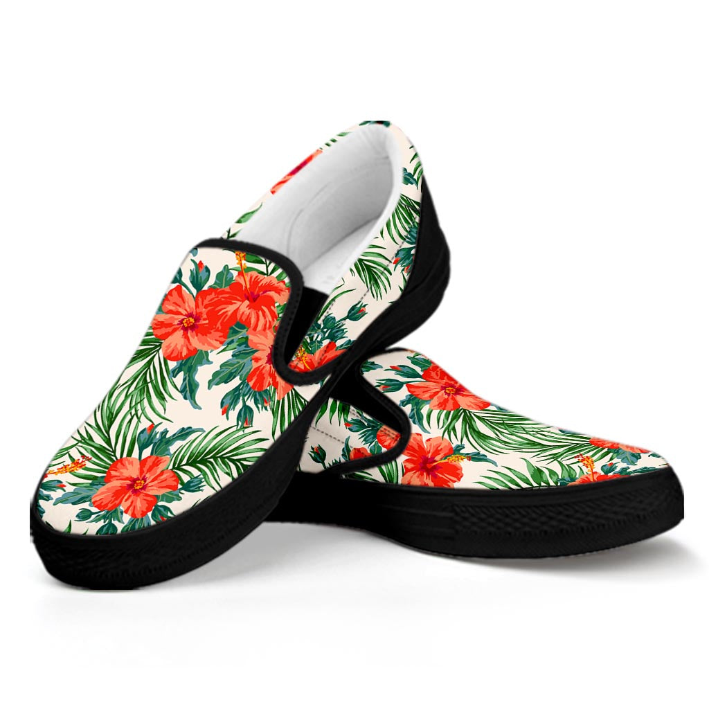 Tropical Hibiscus Blossom Pattern Print Black Slip On Sneakers