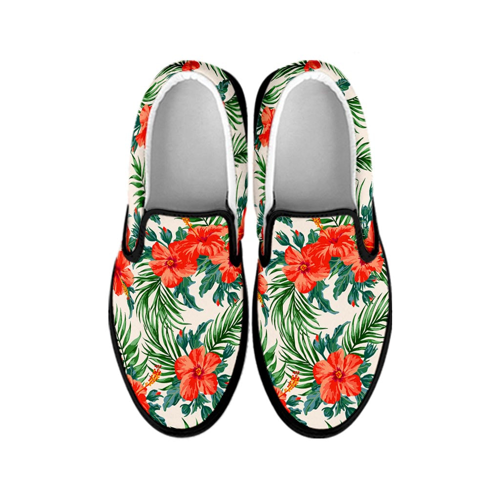 Tropical Hibiscus Blossom Pattern Print Black Slip On Sneakers