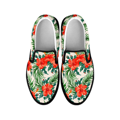 Tropical Hibiscus Blossom Pattern Print Black Slip On Sneakers