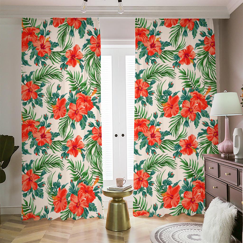 Tropical Hibiscus Blossom Pattern Print Blackout Pencil Pleat Curtains