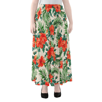 Tropical Hibiscus Blossom Pattern Print Chiffon Maxi Skirt