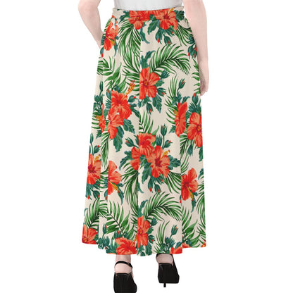 Tropical Hibiscus Blossom Pattern Print Chiffon Maxi Skirt