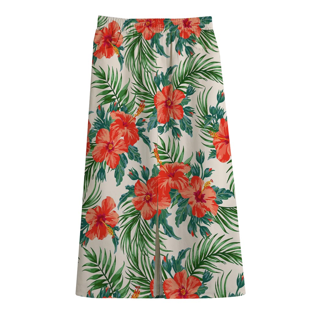 Tropical Hibiscus Blossom Pattern Print Cotton Front Slit Maxi Skirt
