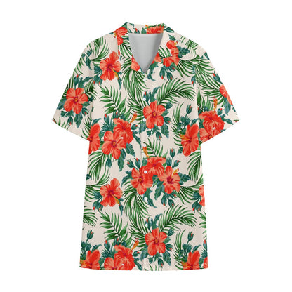 Tropical Hibiscus Blossom Pattern Print Cotton Hawaiian Shirt