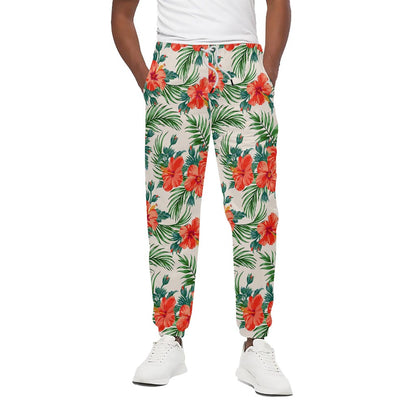 Tropical Hibiscus Blossom Pattern Print Cotton Pants