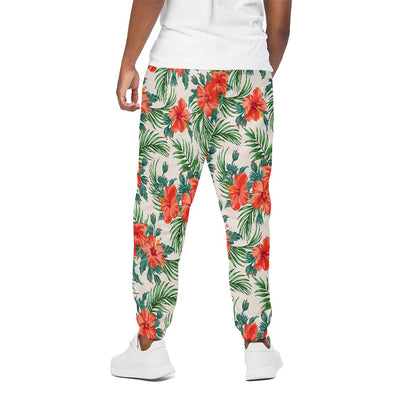 Tropical Hibiscus Blossom Pattern Print Cotton Pants