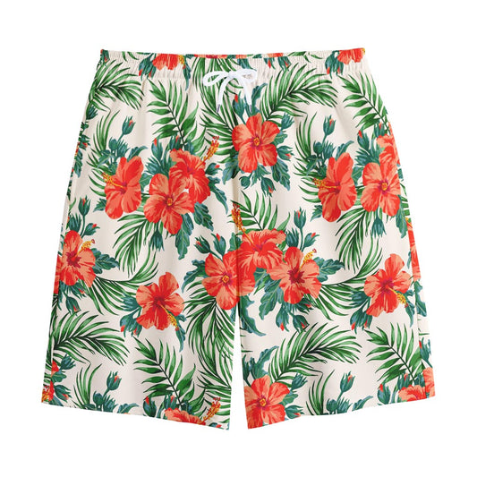 Tropical Hibiscus Blossom Pattern Print Cotton Shorts