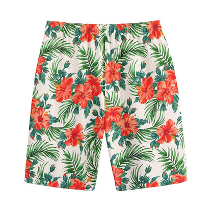 Tropical Hibiscus Blossom Pattern Print Cotton Shorts