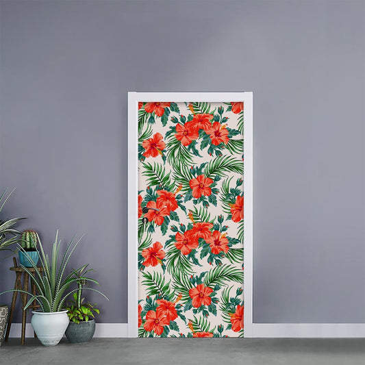Tropical Hibiscus Blossom Pattern Print Door Sticker