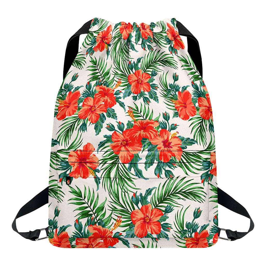 Tropical Hibiscus Blossom Pattern Print Drawstring Backpack
