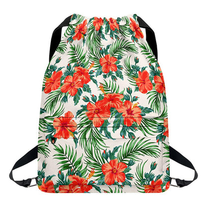 Tropical Hibiscus Blossom Pattern Print Drawstring Backpack