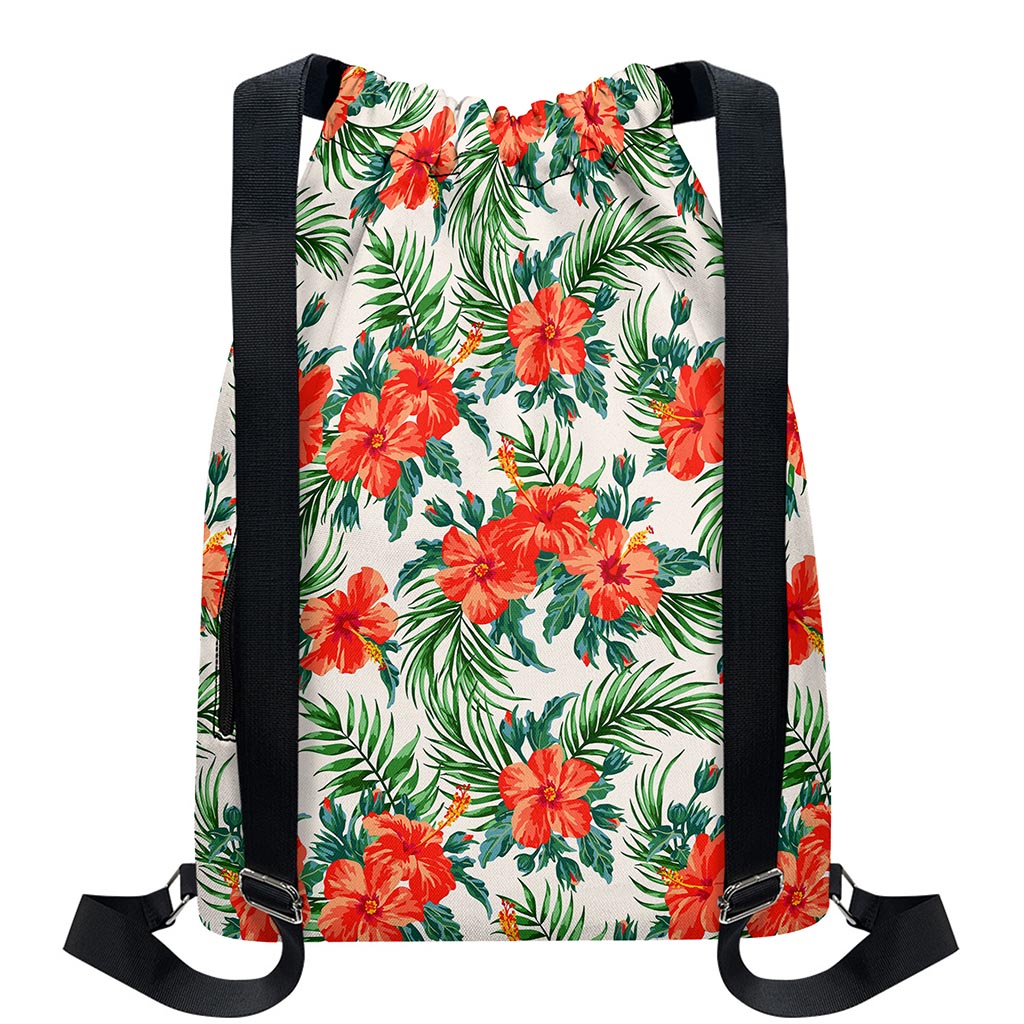 Tropical Hibiscus Blossom Pattern Print Drawstring Backpack