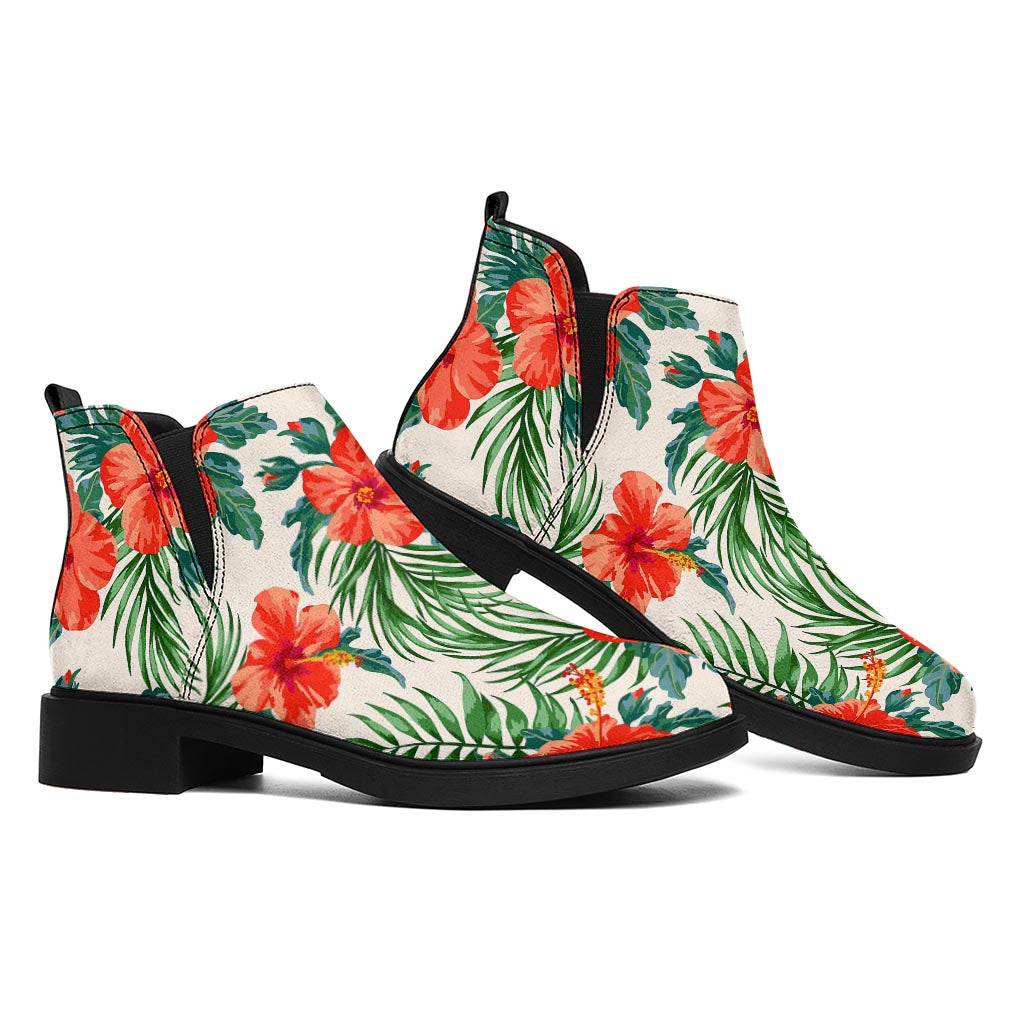 Tropical Hibiscus Blossom Pattern Print Flat Ankle Boots