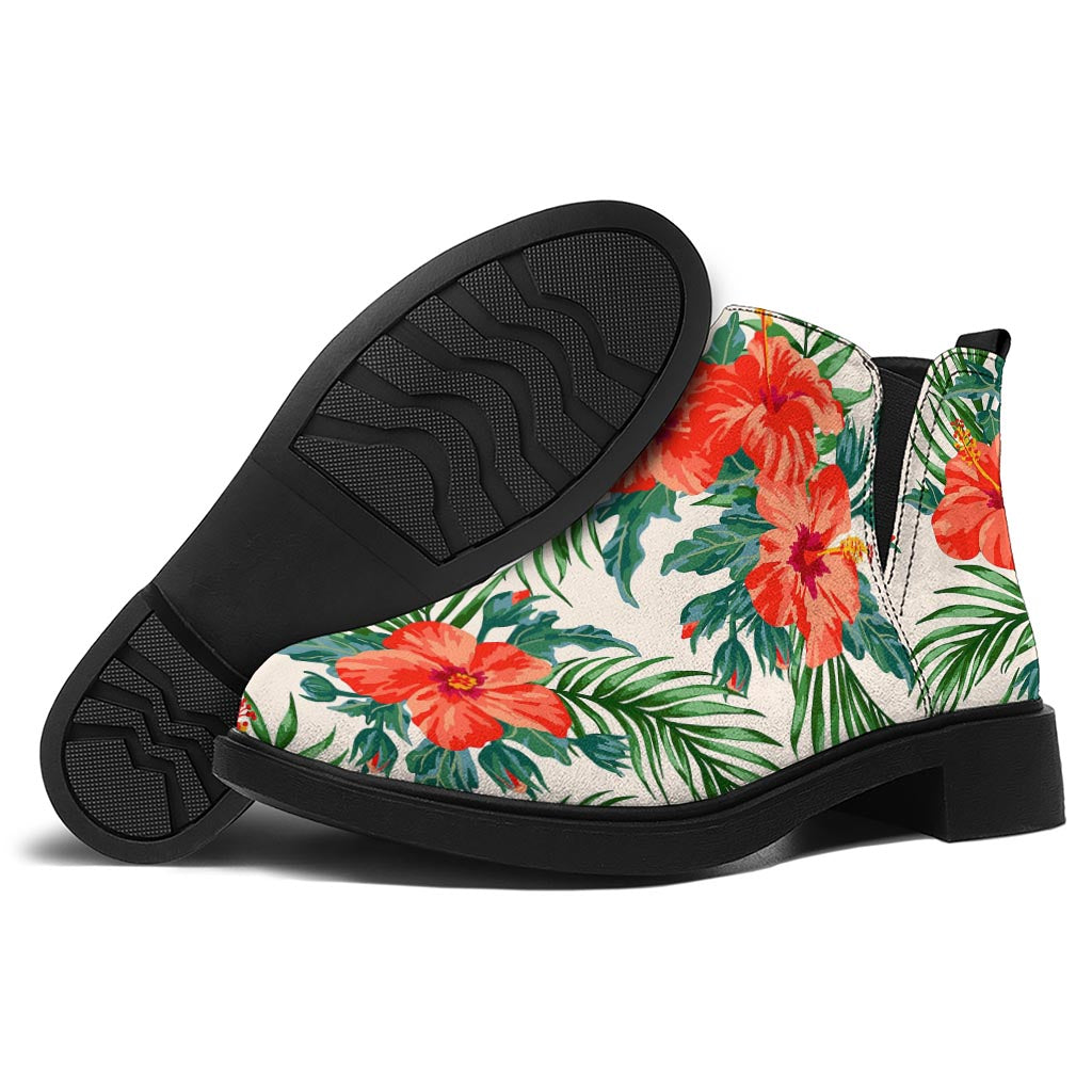 Tropical Hibiscus Blossom Pattern Print Flat Ankle Boots