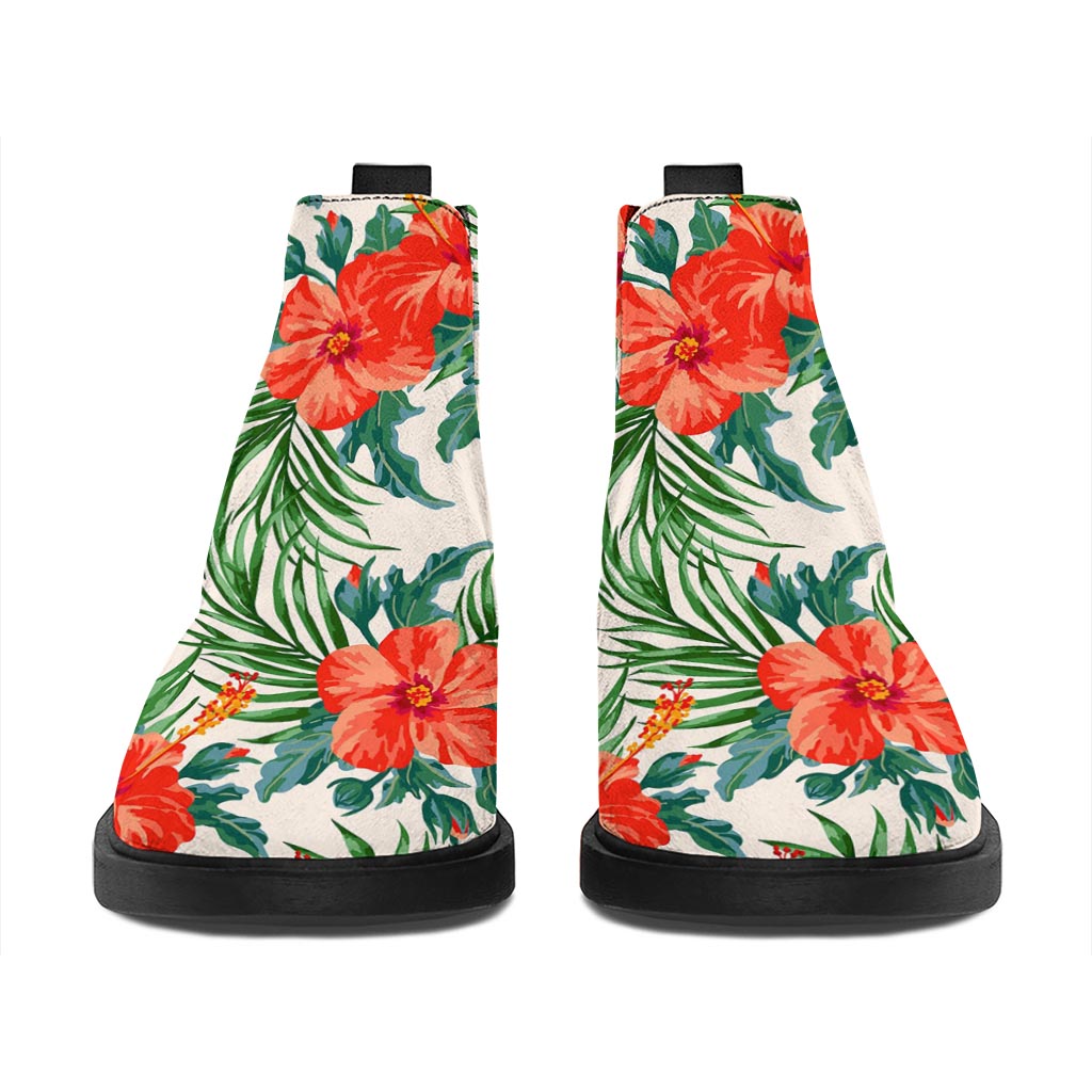 Tropical Hibiscus Blossom Pattern Print Flat Ankle Boots