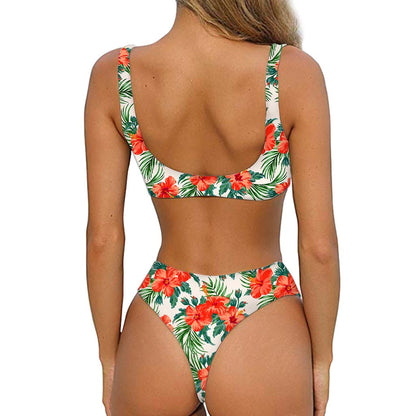 Tropical Hibiscus Blossom Pattern Print Front Bow Tie Bikini