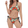 Tropical Hibiscus Blossom Pattern Print Halter Scoop Tie Side Bikini
