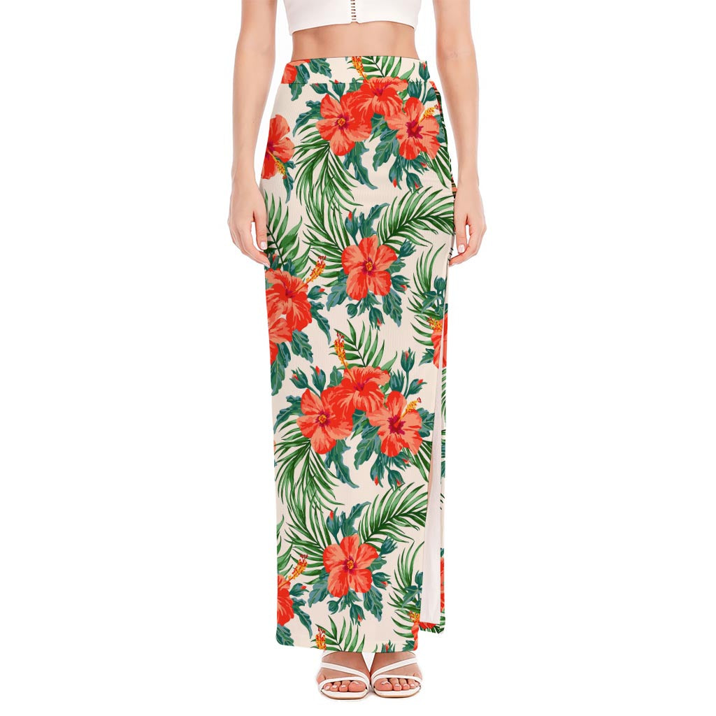 Tropical Hibiscus Blossom Pattern Print High Slit Maxi Skirt