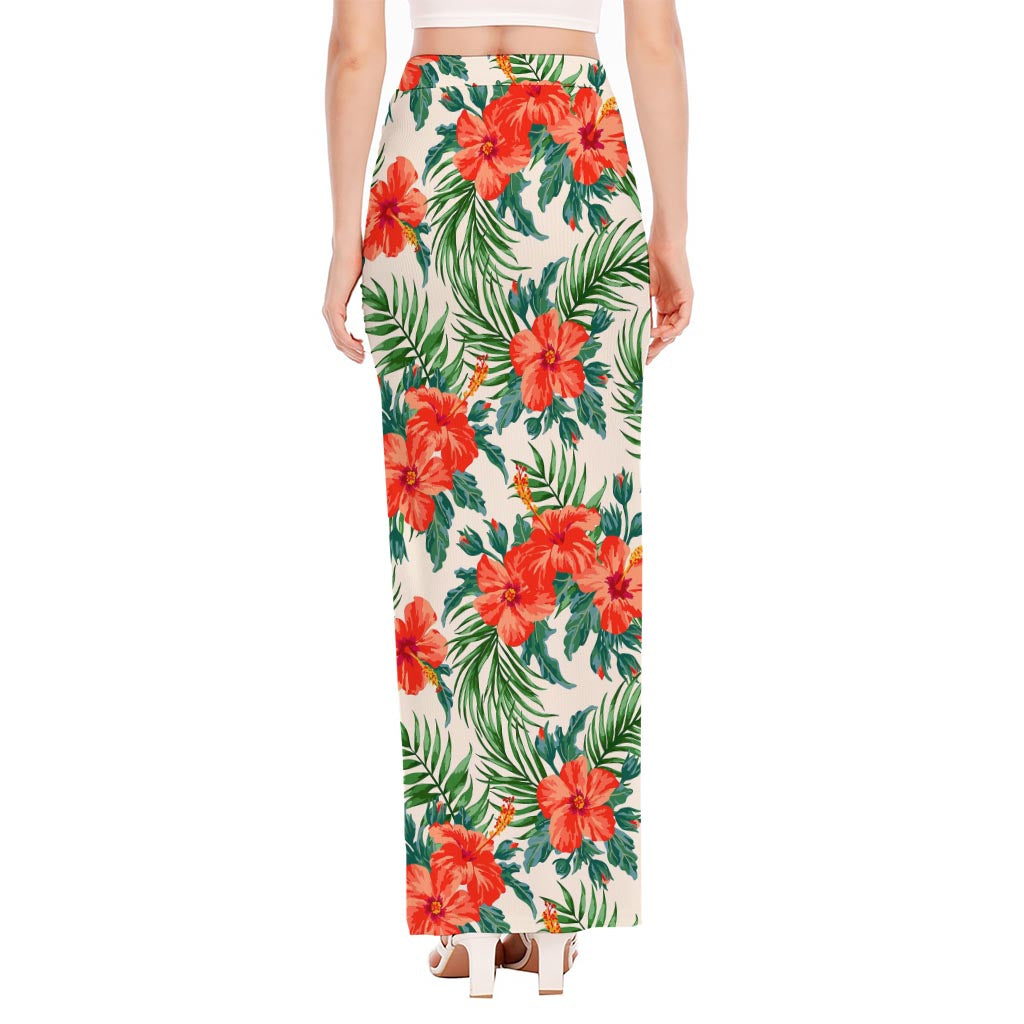 Tropical Hibiscus Blossom Pattern Print High Slit Maxi Skirt