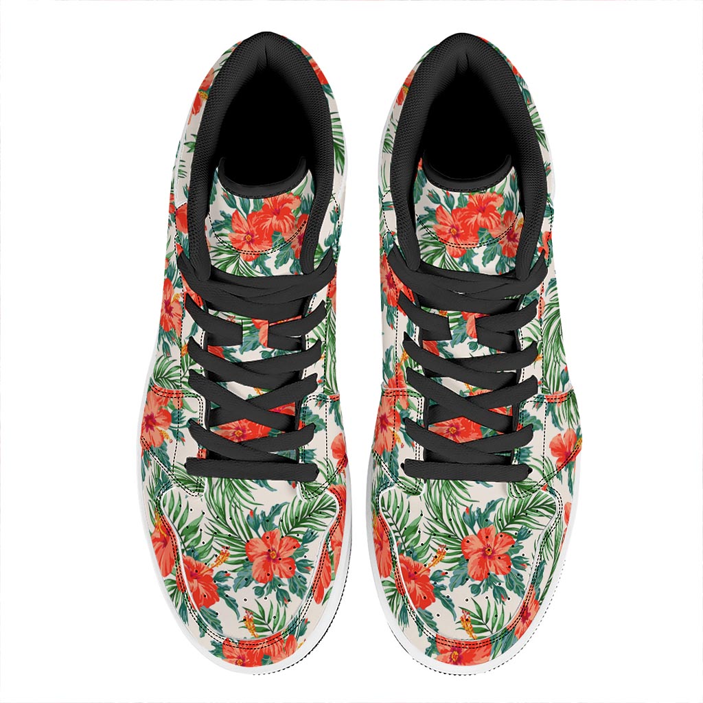 Tropical Hibiscus Blossom Pattern Print High Top Leather Sneakers