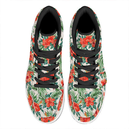 Tropical Hibiscus Blossom Pattern Print High Top Leather Sneakers