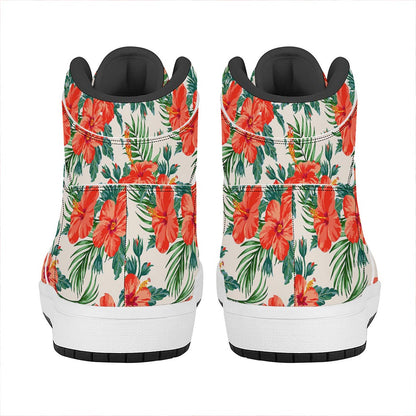 Tropical Hibiscus Blossom Pattern Print High Top Leather Sneakers