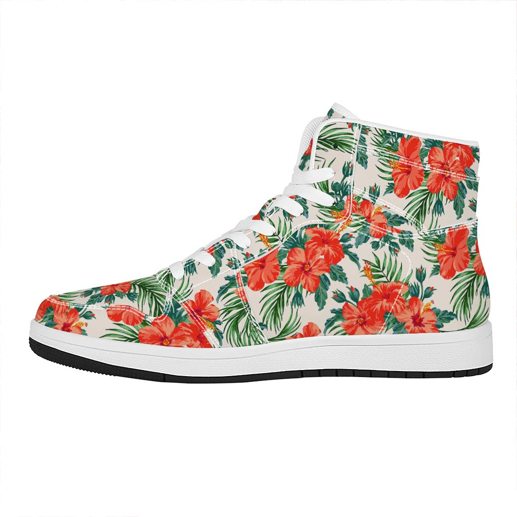 Tropical Hibiscus Blossom Pattern Print High Top Leather Sneakers