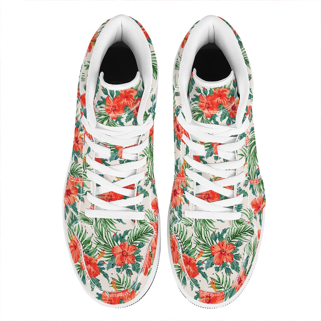 Tropical Hibiscus Blossom Pattern Print High Top Leather Sneakers