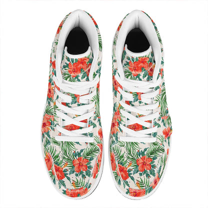 Tropical Hibiscus Blossom Pattern Print High Top Leather Sneakers