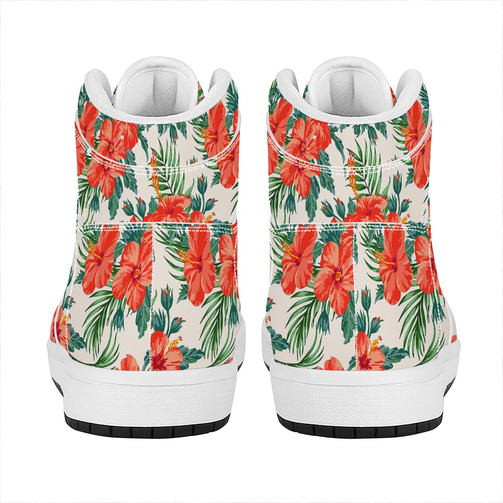 Tropical Hibiscus Blossom Pattern Print High Top Leather Sneakers
