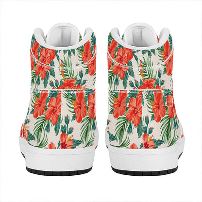 Tropical Hibiscus Blossom Pattern Print High Top Leather Sneakers
