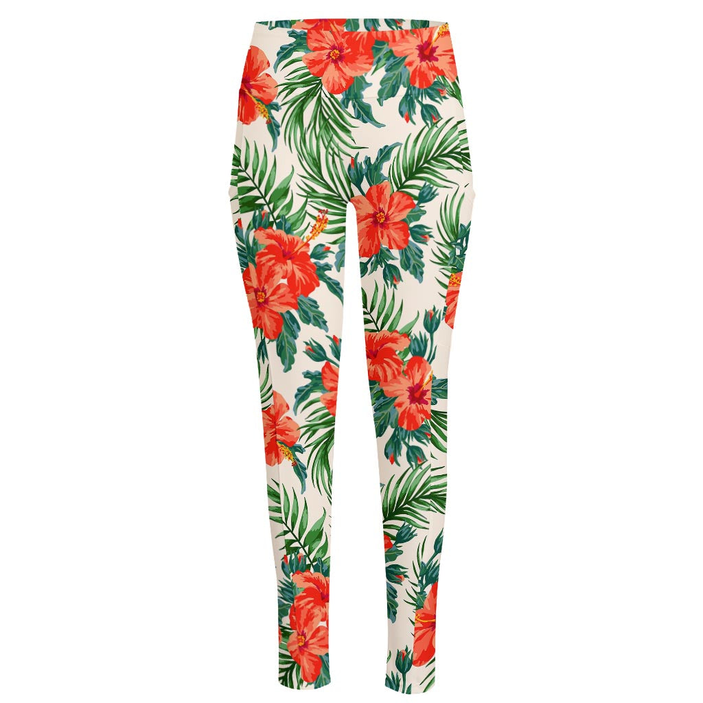 Tropical Hibiscus Blossom Pattern Print High-Waisted Pocket Leggings