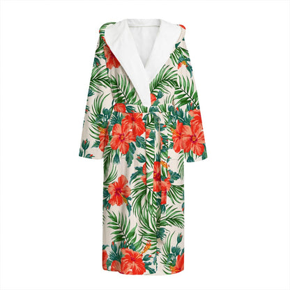 Tropical Hibiscus Blossom Pattern Print Hooded Bathrobe
